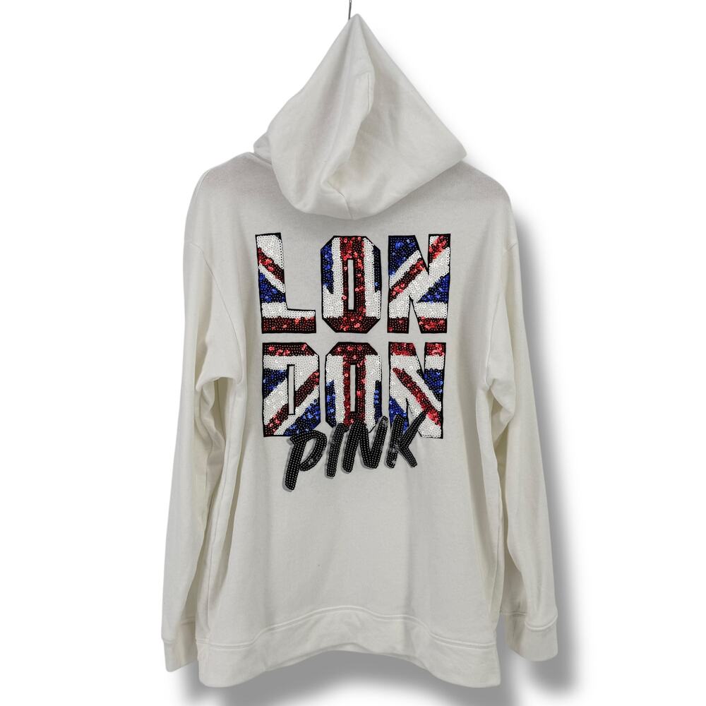 Victoria’s Secret PINK London England Sequin Union Jack Lace Up Hoodie Sz Medium
